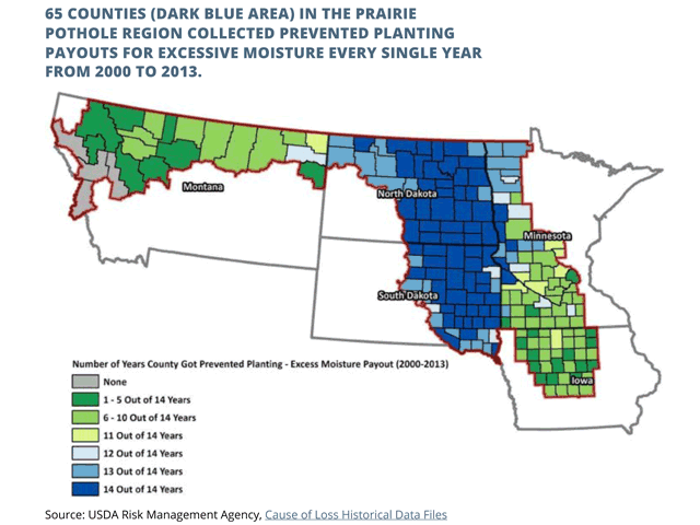 Just 195 counties in the five-state Prairie Pothole region collected 61% of prevented planting claims nationwide between 2000 and 2013. (Graphic courtesy of USDA Risk Management Agency)